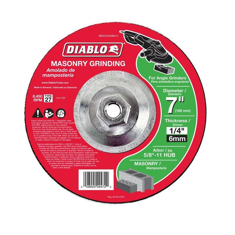 DIABLO Disco de esmerilado para albañilería de 7 pulgadas x 1/4 de pulgada x 5/8 de pulgada con buje de centro deprimido tipo 27 - DBD070250B01C