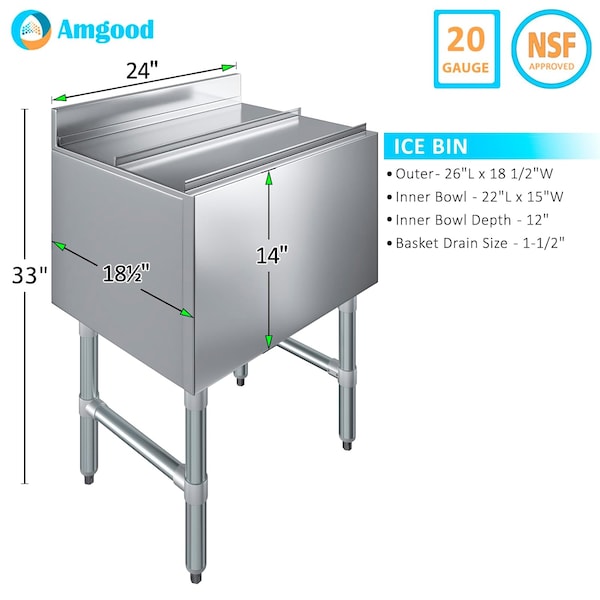 Amgood 18.5in x 24in x 33in. Stainless Steel Ice Chest with Sliding Lid. Large Ice Bin. NSF - ICE BIN FSIB-182412-Z