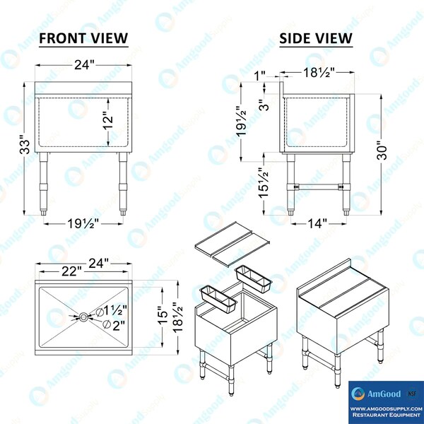 Amgood 18.5in x 24in x 33in. Stainless Steel Ice Chest with Sliding Lid. Large Ice Bin. NSF - ICE BIN FSIB-182412-Z
