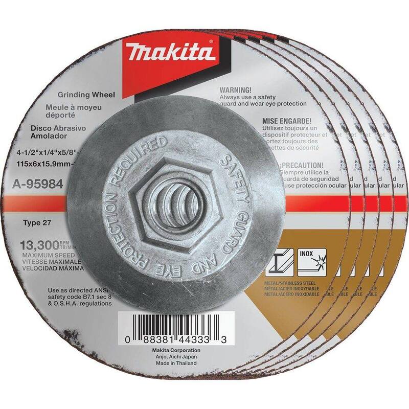 Makita Rueda de Esmerilado INOX de 36 Grados de 4-1/2 pulg. x 1/4 pulg. x 5/8 pulg. (Paquete de 5) para uso con esmeriladoras de ángulo de 4-1/2 pulg. - A-95984-5