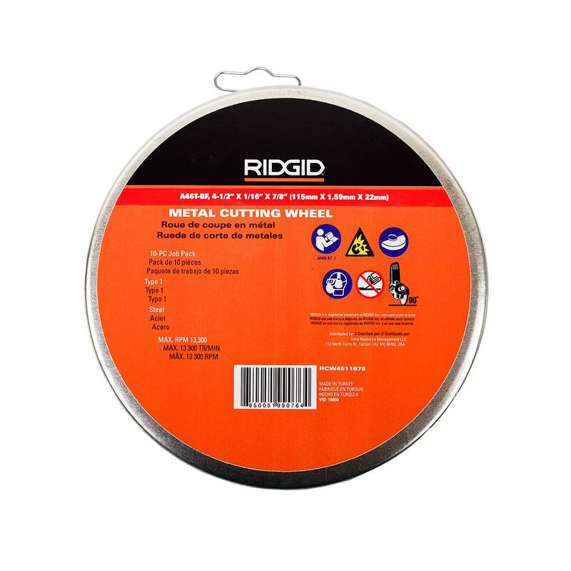 RIDGID 4 pulgadas a 1/2 pulgada Rueda de corte de metal, Tipo 1 (paquete de 10) - RCW4511678
