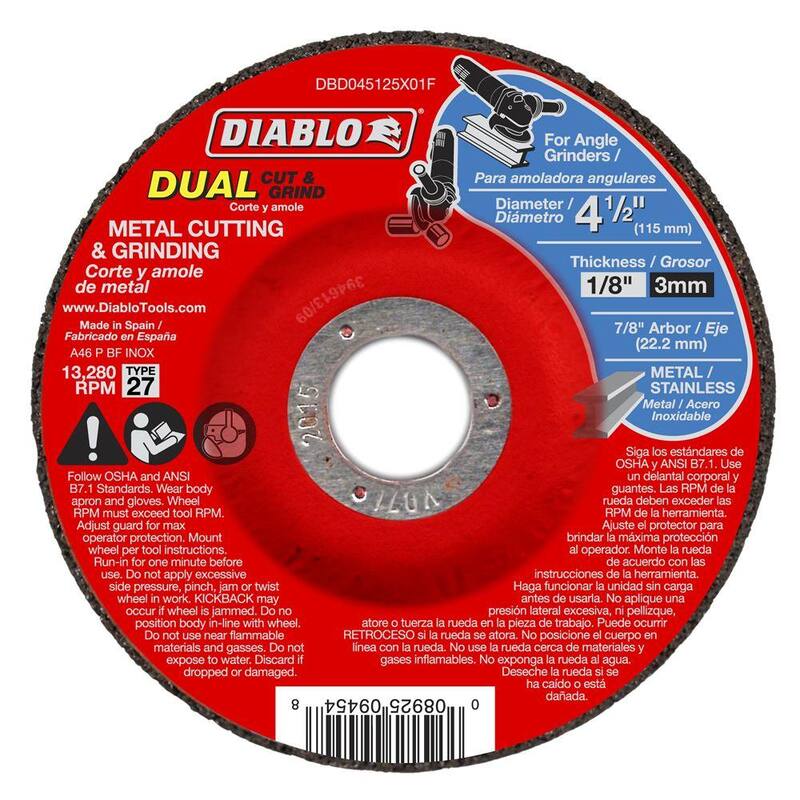 DIABLO Disco de corte y rectificado de metal dual de 4-1/2 pulgadas x 1/8 pulgadas x 7/8 pulgadas con centro deprimido Tipo 27 (paquete de 10) - DBD045125X01F010
