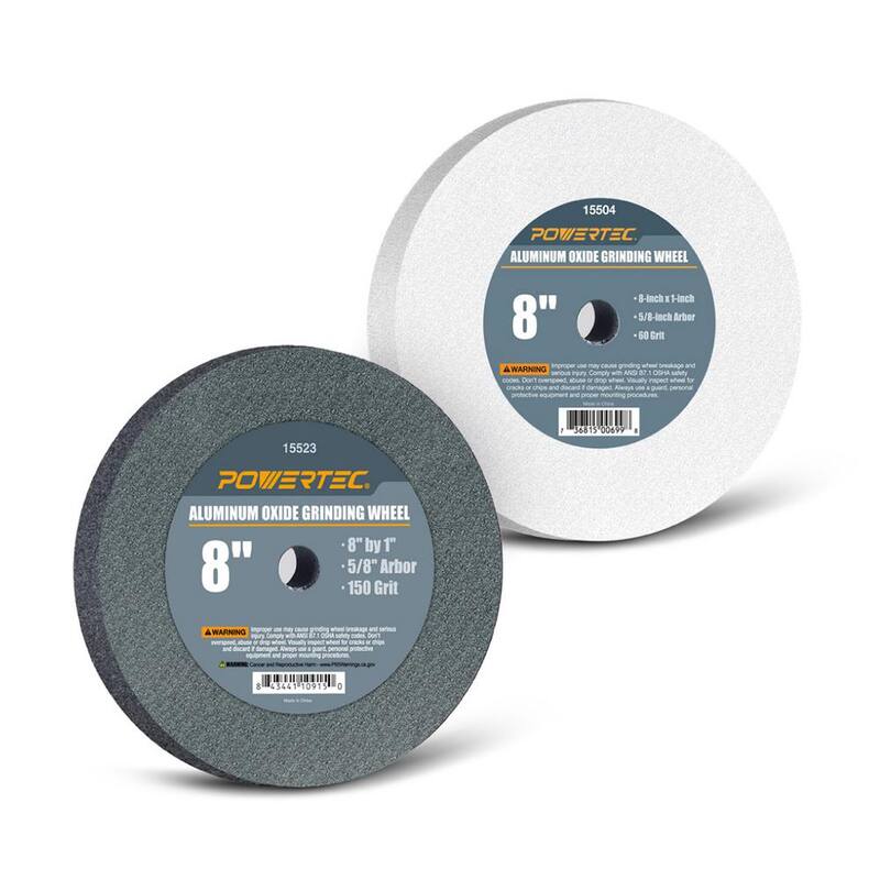 Ruedas de molienda de óxido de aluminio de grano 150 y 60 (blanco) de 8 pulgadas x 1 pulgada x 5/8 pulgadas POWEETEC para esmeriladora de banco (paquete de 2) - 15528.
