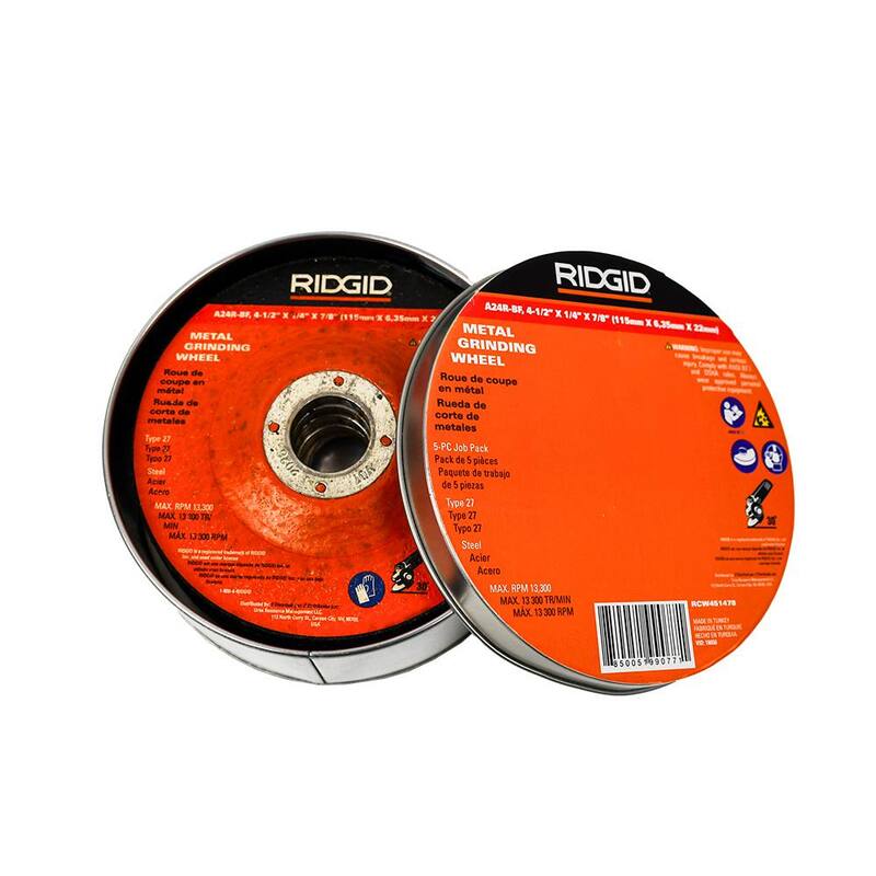 RIDGID 4-1/2 pulg. x 1/4 pulg. x 7/8 pulg. Metal Grinding Wheel Job Pack Tipo 27 Depressed Center Aluminum Oxide Cutting Wheel (5 Discos) - RCW451478