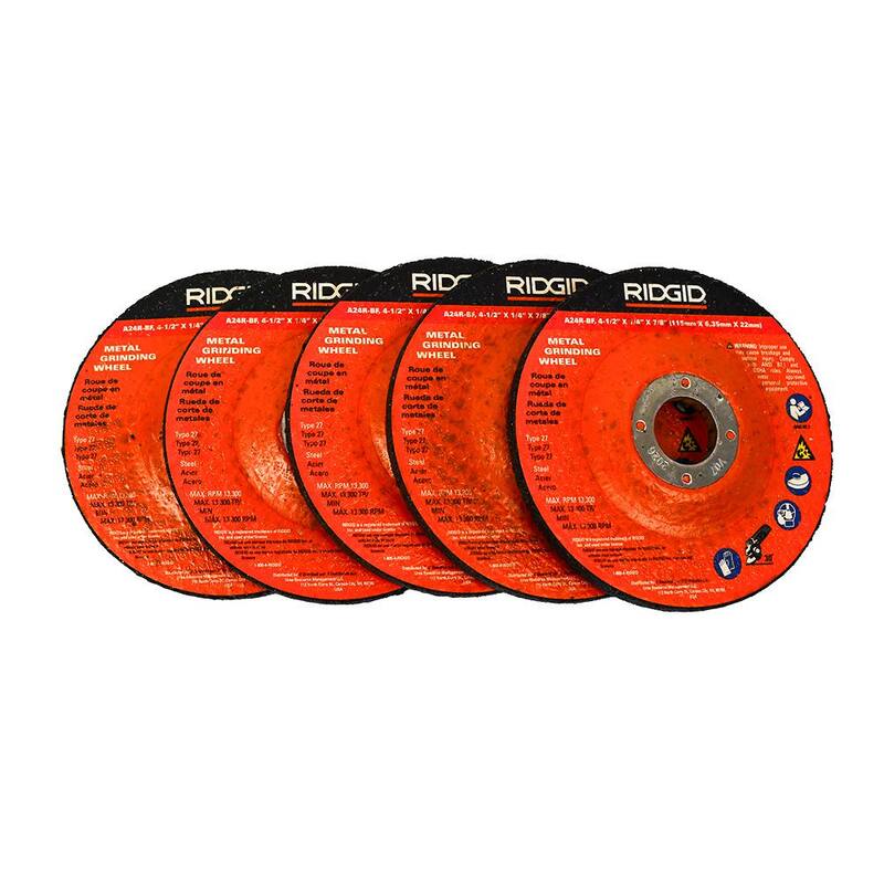 RIDGID 4-1/2 pulg. x 1/4 pulg. x 7/8 pulg. Metal Grinding Wheel Job Pack Tipo 27 Depressed Center Aluminum Oxide Cutting Wheel (5 Discos) - RCW451478