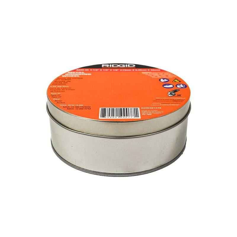RIDGID 4-1/2 pulg. x 1/4 pulg. x 7/8 pulg. Metal Grinding Wheel Job Pack Tipo 27 Depressed Center Aluminum Oxide Cutting Wheel (5 Discos) - RCW451478