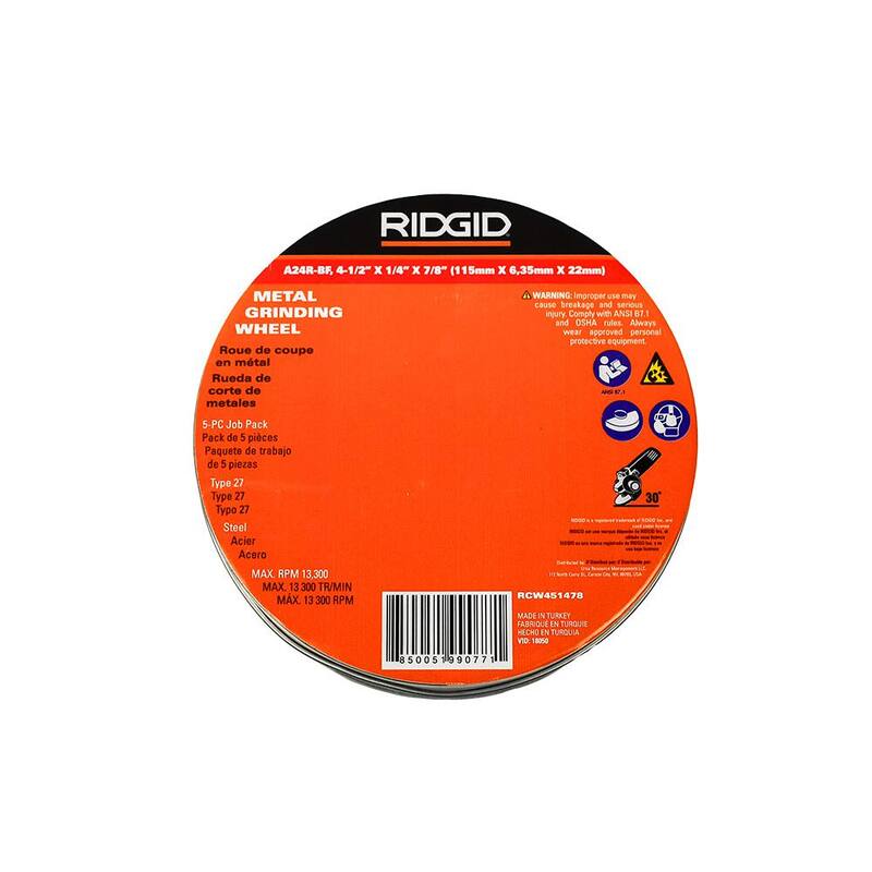 RIDGID 4-1/2 pulg. x 1/4 pulg. x 7/8 pulg. Metal Grinding Wheel Job Pack Tipo 27 Depressed Center Aluminum Oxide Cutting Wheel (5 Discos) - RCW451478