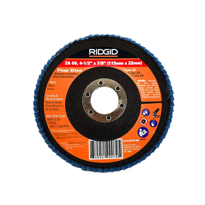 Discos de Solapa de 4-1/2 pulgadas x 7/8 pulgadas RIDGID de Grano 60 Tipo 29 de Zirconia Azul ZA60 para uso en Amoladoras de Ángulo Recto - RFD4578-60