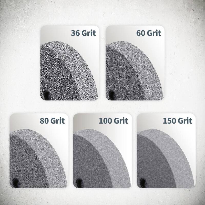 Muela de rectificado de óxido de aluminio POWERTEC de 6 pulgadas x 3/4 de pulgada y 80 granos con arbor de 1/2 pulgada para esmeril de banco - 15518