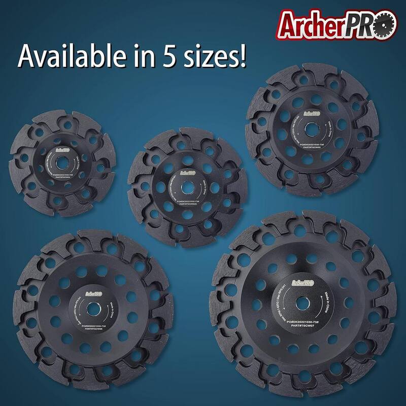 Taza de molienda de diamante segmentada en forma de T de rosca 5/8 in. -11 Archer USA 7 in. para molienda de concreto - TSCW07