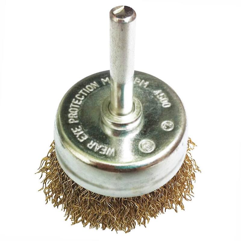 Cepillo de copa de alambre de acero recubierto de latón crimpado de 2 pulgadas x 1/4 de pulgada de vástago - 200CRCS12