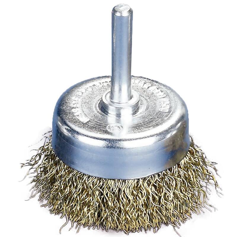 Cepillo de copa de alambre de acero recubierto de latón crimpado de 2 pulgadas x 1/4 de pulgada de vástago - 200CRCS12