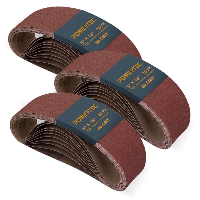 Bandas de lija de óxido de aluminio POWERTEC de 3 pulgadas x 18 pulgadas, 40/60/80 granos (paquete de 60) - 110804-P2N