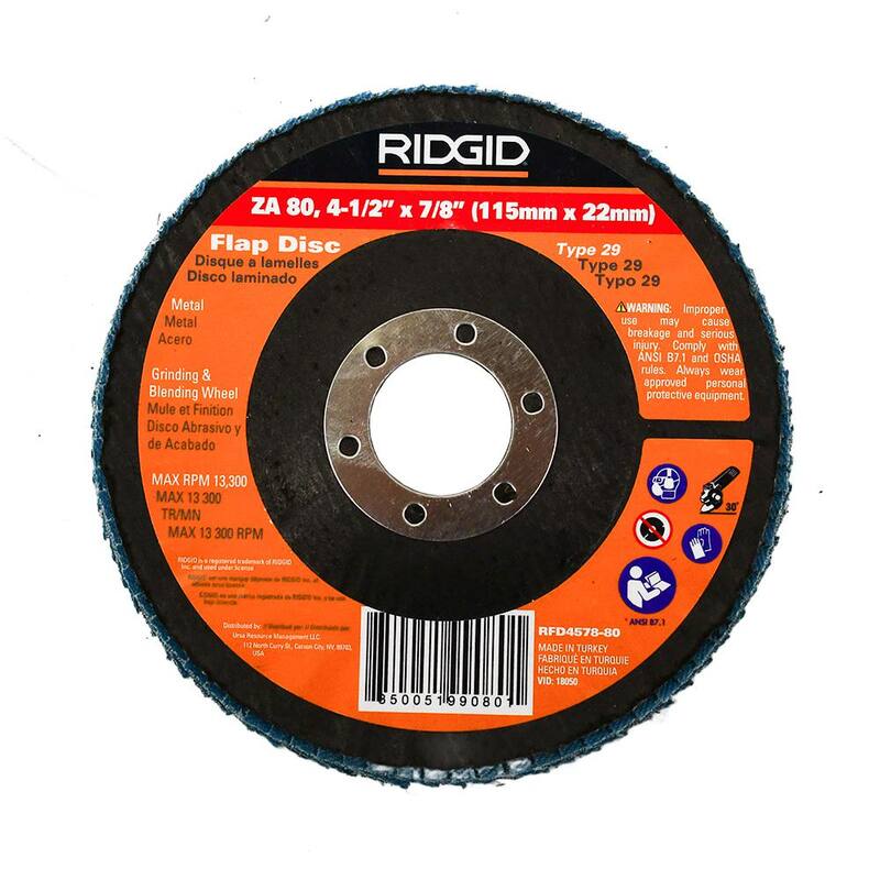 Discos de láminas RIDGID de 4-1/2 pulgadas x 7/8 pulgadas, grano 80 tipo 29 de zirconia azul ZA80 para usar en amoladoras de ángulo recto - RFD4578-80