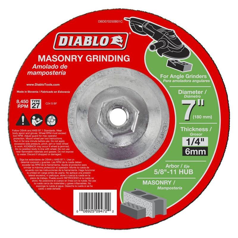 DIABLO Disco de molienda para albañilería de 7 pulgadas x 1/4 pulgadas x 5/8-11 pulgadas con centro deprimido tipo 27 HUB (paquete de 5) - DBD070250B01C005