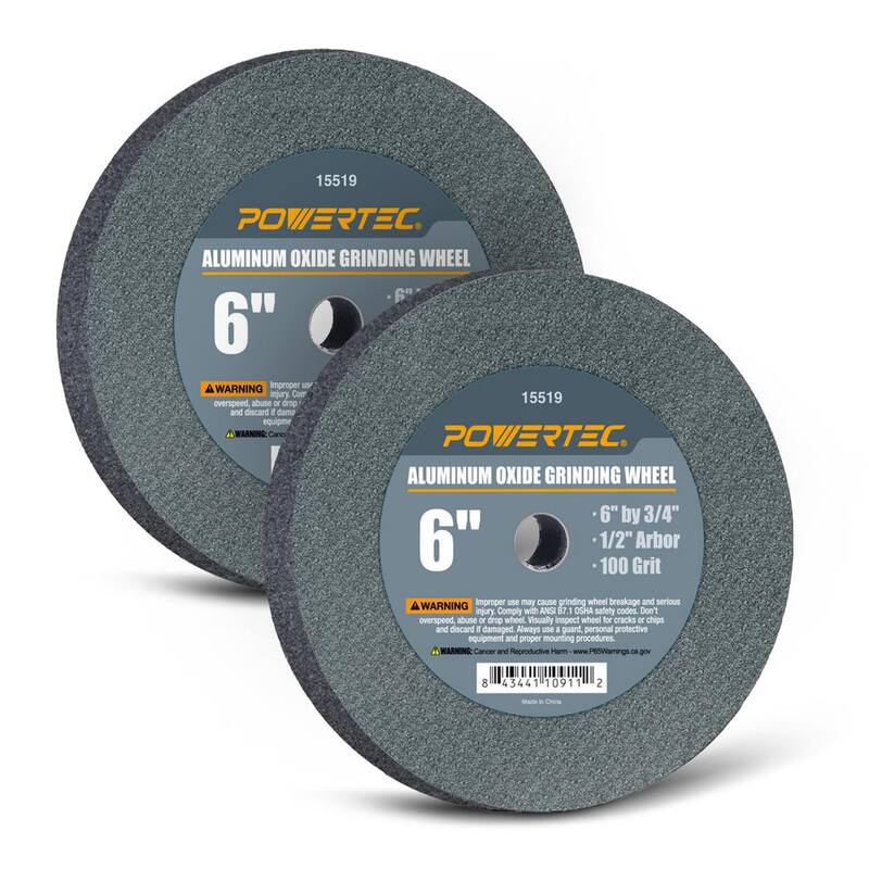 POWERTEC Rueda de rectificado de óxido de aluminio de 6 pulgadas x 3/4 de pulgada, grano 100, arbustos de 1/2 pulgada para amoladora de banco (paquete de 2) - 15519-P2