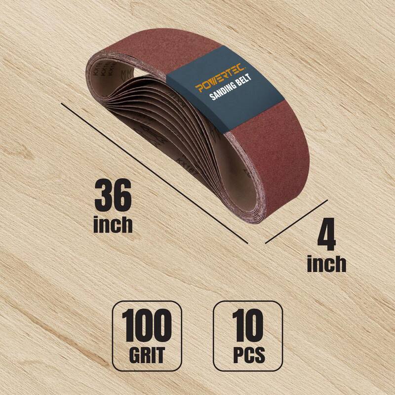 Cinturón de Lija de Óxido de Aluminio de 100 Granos POWERTEC 4 pulgadas x 36 pulgadas, Papel de Lija para Lijadora de Banda y Disco (paquete de 10) - 110130
