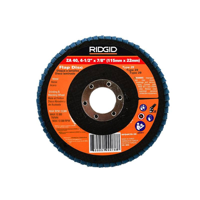 Discos de láminas de 4-1/2 pulgadas x 7/8 pulgadas de 40 Granos Tipo 29 de Circonia Azul ZA40 RIDGID para usar en amoladoras de ángulo recto - RFD4578-36