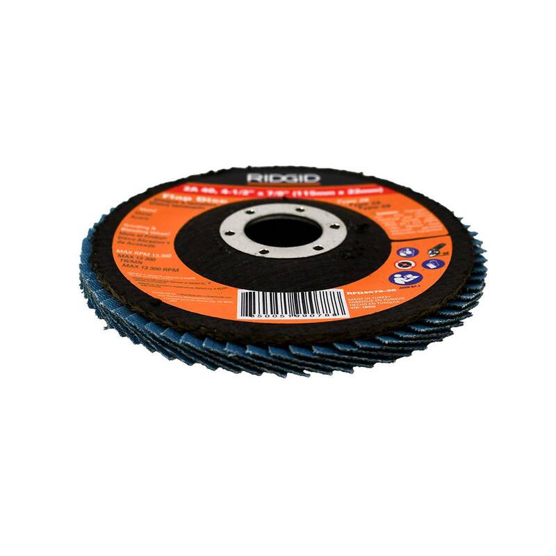 Discos de láminas de 4-1/2 pulgadas x 7/8 pulgadas de 40 Granos Tipo 29 de Circonia Azul ZA40 RIDGID para usar en amoladoras de ángulo recto - RFD4578-36