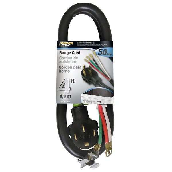 Powerzone Power Supply Range Cord, 6, 8 AWG Cable, 4 ft L, 50 A, 250 V, Black - ORR628204
