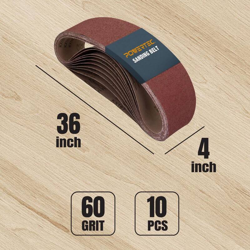 CORREA DE LIJA DE ÓXIDO DE ALUMINIO DE 60 GRANOS DE 4 PULGADAS x 36 PULGADAS POWERTEC, LIJA PARA LIJADORA DE BANDA Y DE DISCO (PAQUETE DE 10) - 110630