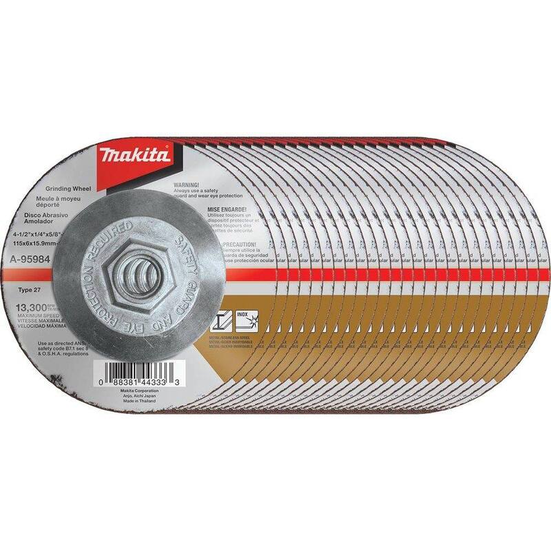 Rueda de rectificado INOX de 36 granos de 4-1/2 in. x 1/4 in. x 5/8 in. de Makita (paquete de 25) - A-95984-25