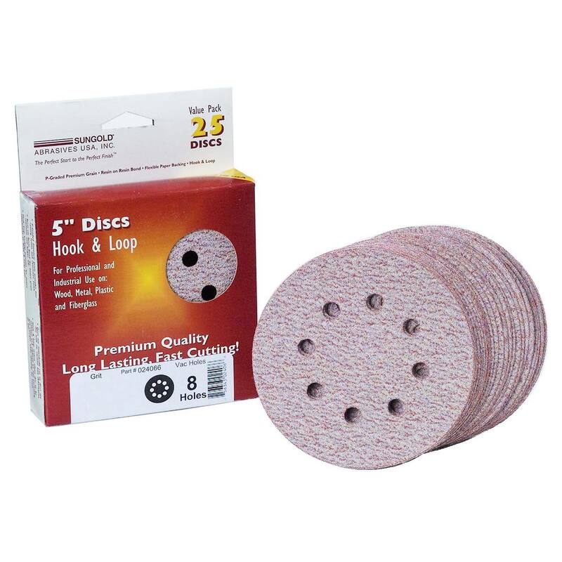 Discos de lija de óxido de aluminio estearado de 600 gramos, con gancho y lazo, de 5 pulgadas y 8 agujeros, marca Sungold Abrasives Premium Plus (25 por caja) - 024196