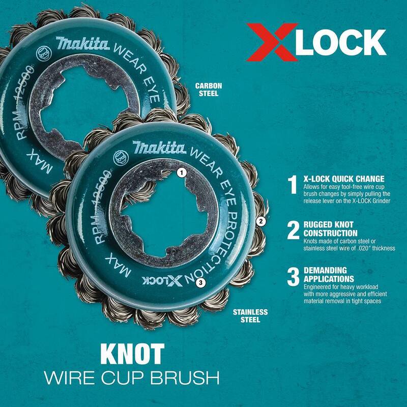 Sistema de cambio rápido X-Lock de Makita de 3-1/8 pulgadas con cepillo de copa de alambre de nudo de acero al carbono - D-72621