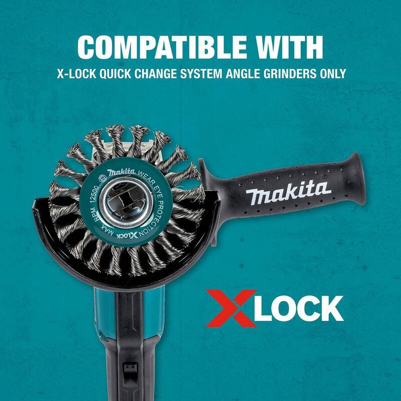 Sistema de cambio rápido Makita X-Lock 4-1 / 2 pulgadas de rueda de alambre retorcido de acero al carbono completo con cable anudado - D-72643