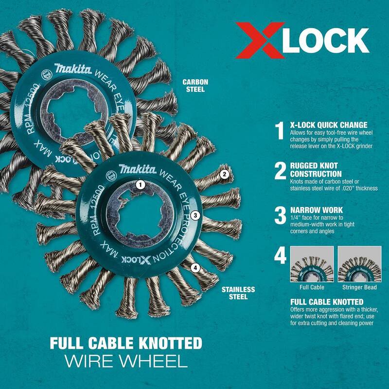 Sistema de cambio rápido Makita X-Lock 4-1 / 2 pulgadas de rueda de alambre retorcido de acero al carbono completo con cable anudado - D-72643