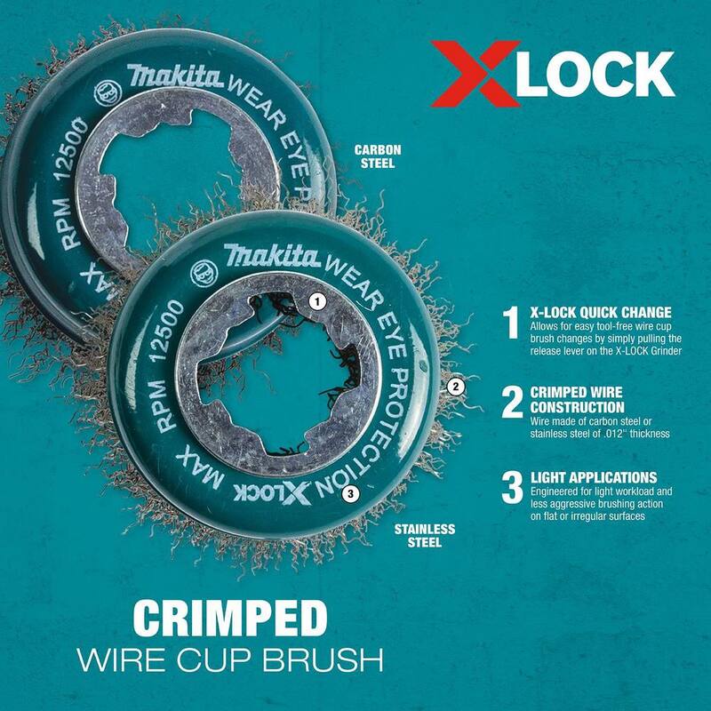 Sistema de cambio rápido X-Lock de Makita de 3 pulgadas con cepillo de copa de alambre de acero al carbono - D-72637