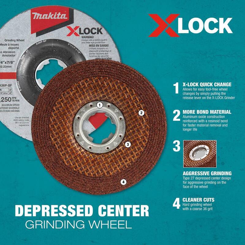 Makita X-LOCK Rueda de esmerilado de uso general de 4-1/2 pulgadas x 1/4 pulgadas x 7/8 pulgadas, grano 36, tipo 27, para metal y acero inoxidable - E-00430
