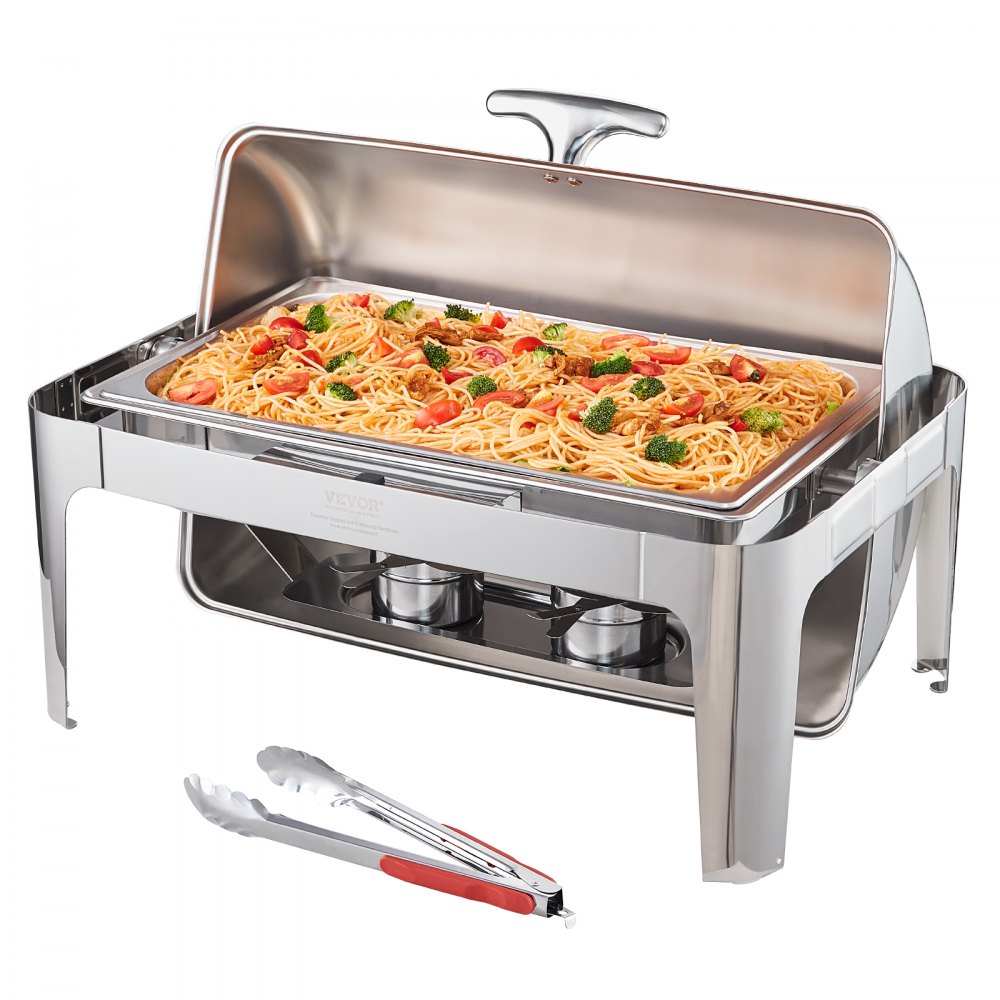 VEVOR Roll Top Chafing Dish Buffet Complete Set, 8 Qt Stainless Steel Chafer with Full Size Pan, Rectangle Catering Warmer Server with Lid Water Pan Stand Fuel Holder Meal Clip, for at Least 8 People - ZFXFGCL1JTZF5Y4C1V0