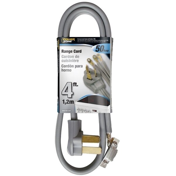 Powerzone Power Supply Range Cord, 6 8 AWG Cable, 4 ft L, 50 A, 250 V, Gray - RD628104