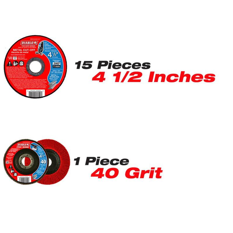 DIABLO 4-1/2 pulgadas Disco de corte de metal de perfil delgado 15-Pack más un Disco de láminas de 40 granos Steel Demon de 4-1/2 pulgadas Tipo 29 (16-Pack) - DBD045115DCX40G.