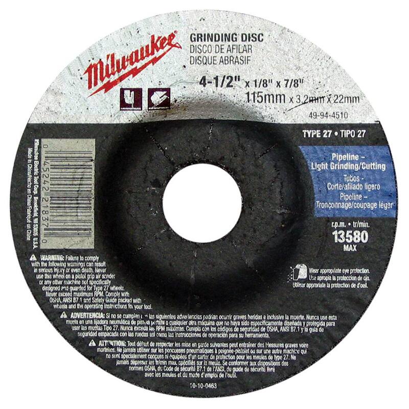 Rueda de esmerilado Milwaukee 4-1/2 in. x 1/8 in. x 7/8 in. (Tipo 27) - 49-94-4510
