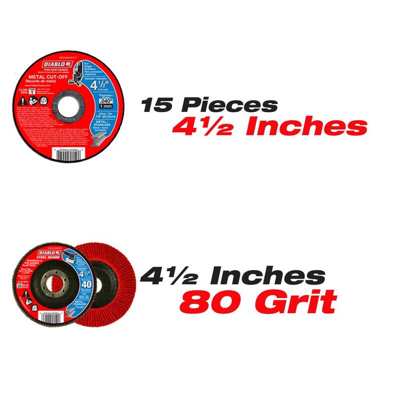 DIABLO 4-1/2 in. Disco de corte de metal delgado de 15 piezas más un disco de aletas Steel Demon de 4-1/2 in. Grano 80 Tipo 29 (paquete de 16) - DBD045115DCX80G