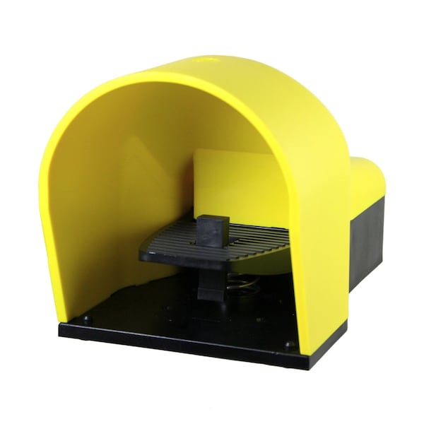 Interruptor de pedal industrial amarillo con cubierta, acción mantenida, resistente al agua IP65 - IP7011 de Interconexión de Sistemas de Automatización