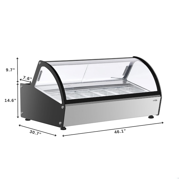 Koolmore 46 in. Countertop Gelato Display Case w/ 6 Pans and Built-in Glass Sneeze Guard in Stainless-Steel - KM-CGD-6P