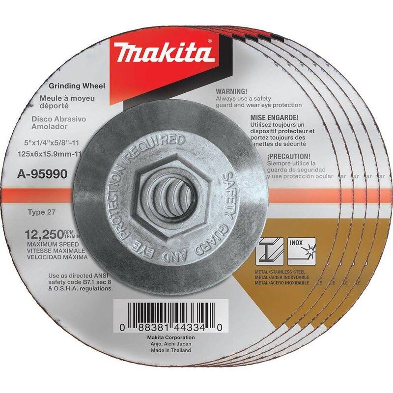 Rueda de rectificado INOX de grano 36 de 5 pulgadas x 1/4 pulgadas x 5/8 pulgadas de Makita (paquete de 5) - A-95990-5
