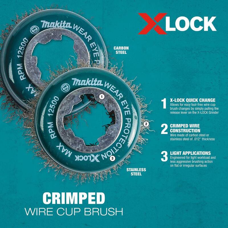 Sistema de cambio rápido X-Lock de Makita 3 in. Cepillo de alambre con copa de acero inoxidable crimpado - D-72584