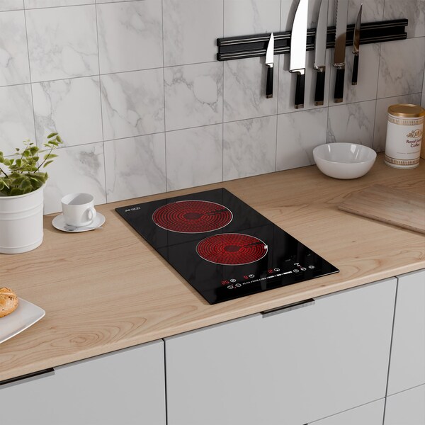 Anzzi 12in Electric Cooktop in Black Glass, Dual-Zone Radiant Heat, Ceramic Precision - AZ-CKTEL01