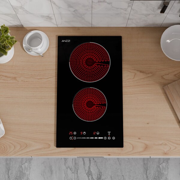 Anzzi 12in Electric Cooktop in Black Glass, Dual-Zone Radiant Heat, Ceramic Precision - AZ-CKTEL01
