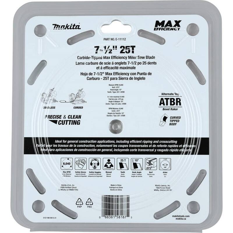Hoja de sierra ingleteadora de máxima eficiencia de carburo de 7-1/2 pulgadas y 25 dientes - E-11112