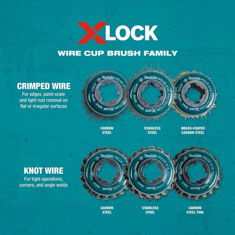 Sistema de cambio rápido X-Lock de Makita 3-1/8 in. Cepillo copa de alambre de nudos de acero inoxidable - D-72578