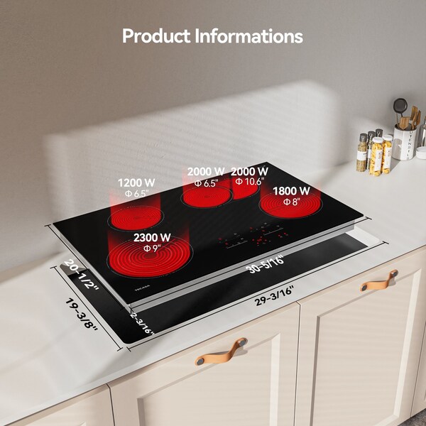 Tecasa 30-in 4 Burners Smooth Surface (Radiant) Black Electric Cooktop with Bridge Element - MT-T47364RT