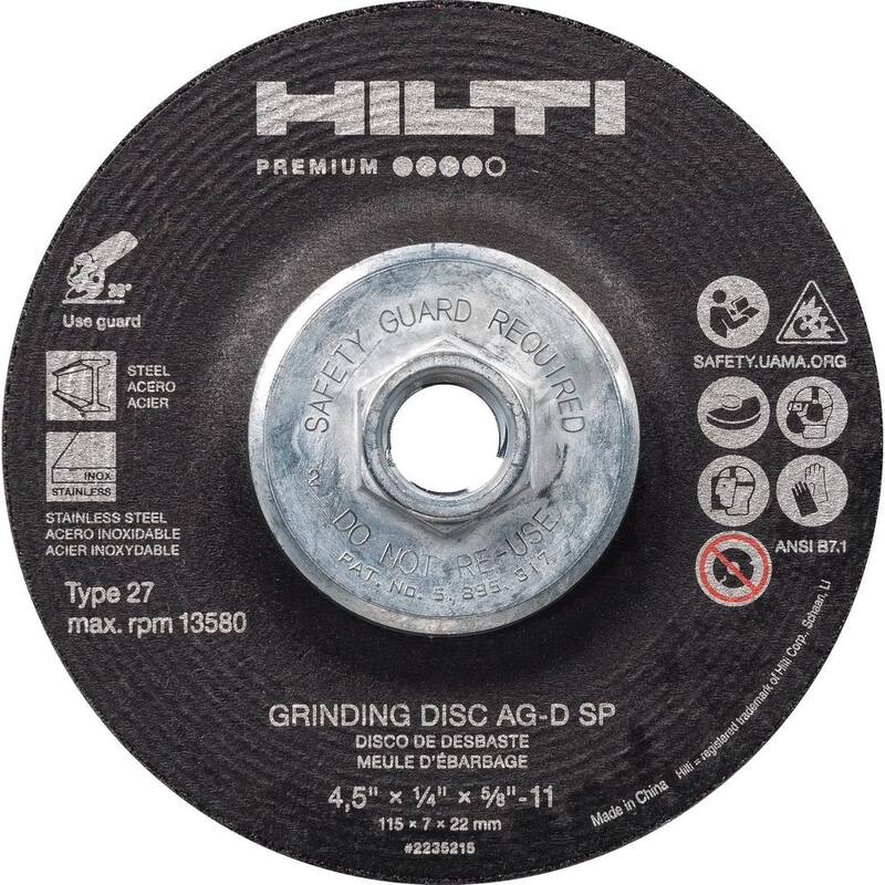 Disco de desbaste de circonio premium tipo 27 con buje Hilti de 4.5 pulg. x 1/4 pulg. x 5/8 pulg. AG-D SP de 11 (paquete de 10) - 2235215