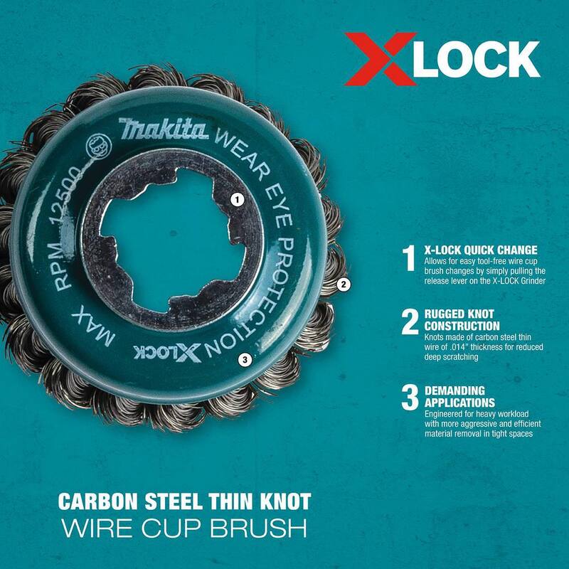 Sistema de cambio rápido X-Lock de Makita 3-1/8 pulgadas de cepillo taza de alambre delgado de nudo de acero al carbono - D-72615