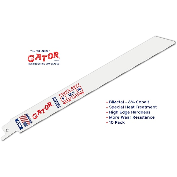 Gator Reciprocating Saw Blade 9 in. x 3/4 in. x 18pi #12032-10, Tough Duty Metal Cutting, 10PK - 12032-10