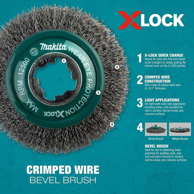 Brocha en ángulo de alambre ondulado de acero al carbono de 4 pulgadas con sistema de bloqueo X-Lock - D-73190 de Makita
